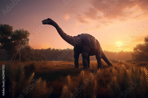 Brontosaurus walking in the prehistoric savannah