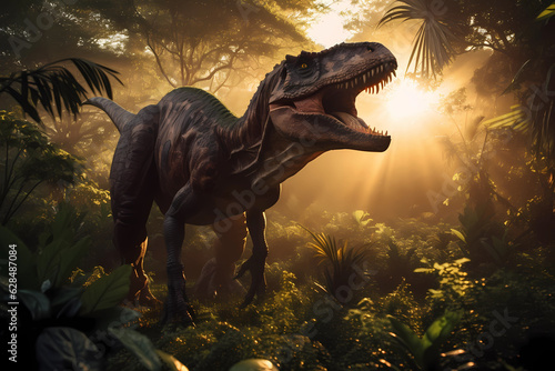 Tyrannosaurus rex hunting in the prehistoric jungle
