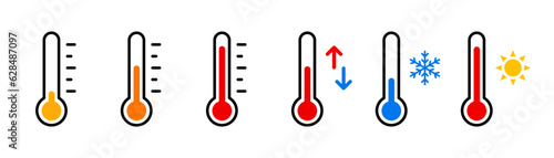 Thermometer, weather icon. Temperature thermometer icon collection. Weather thermometer icon or sign. Stock vector photo