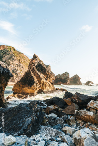 Praia da Ursa beach at Sintra-Cascais Natural Park in Portugal during sunset