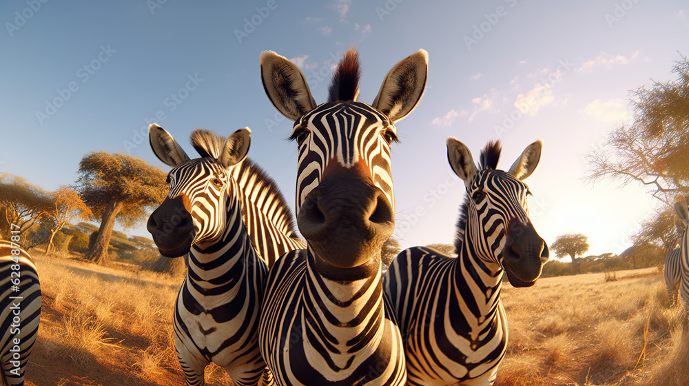 Obraz premium A zebra standing facing the camera on the wild nature grassland of Africa.