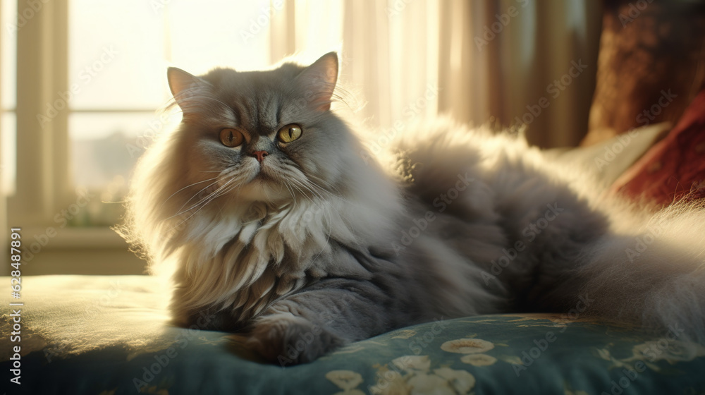A gray Persian cat is lying in the living room looking at the camera.