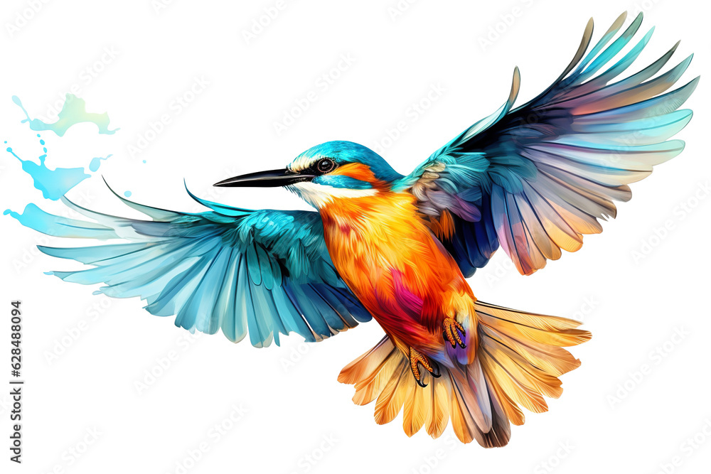 Obraz premium Very beautiful colorful bird in flight isolated on white background PNG