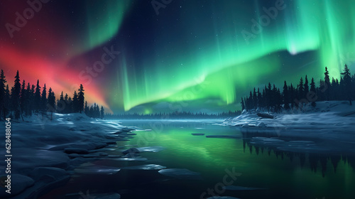 A northern lights that shine in the northern mountain forest and the house in the middle of the forest overlooking the beautiful aurora green northern lights. background of life of people in the north