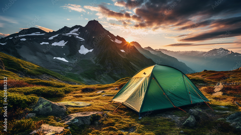 A picturesque campsite with a colorful tent pitched against a breathtaking mountain backdrop Generative AI