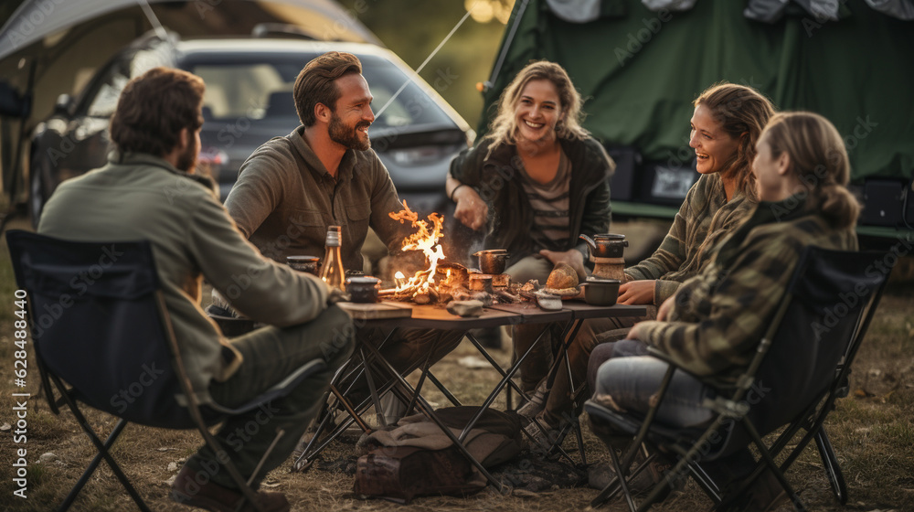 A group of friends enjoying a campfire dinner with foldable camping chairs and a portable table Generative AI A group of friends enjoying a campfire dinner with foldable camping chairs and a portable table Generative AI