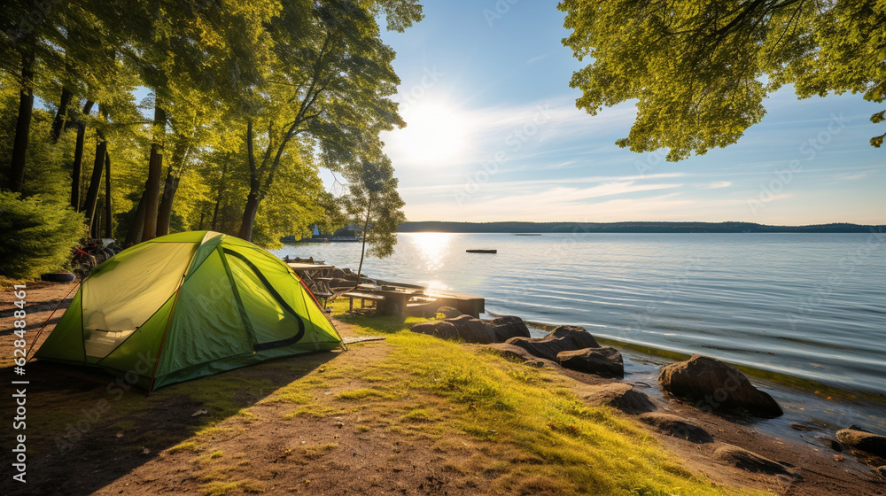 A peaceful lakeside campsite with a tent pitched near the water's edge, offering scenic views Generative AI