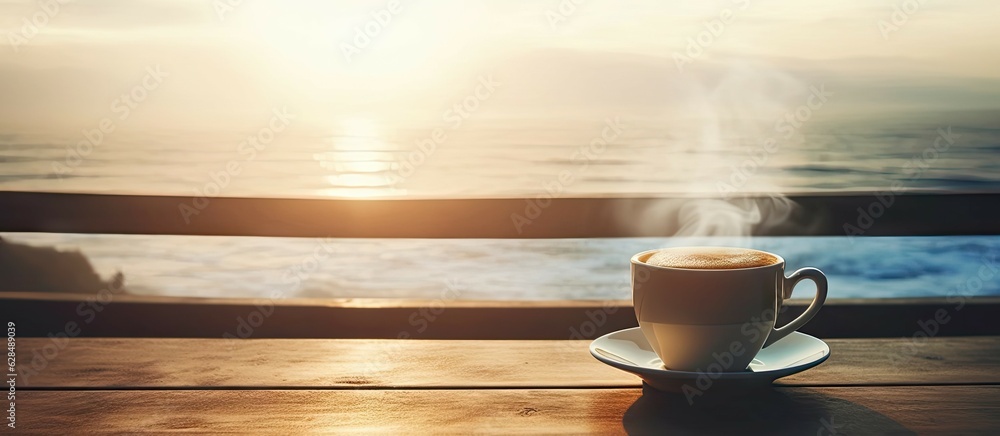 Closeup on freshly hot coffee cup on wooden table. Beach holiday with sea view Closeup on freshly hot coffee cup on wooden table. Beach holiday with sea view