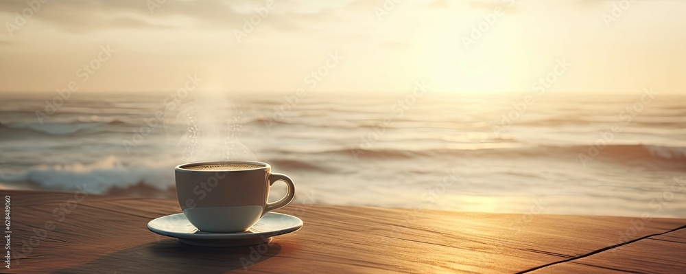 Closeup on freshly hot coffee cup on wooden table. Beach holiday with sea view Closeup on freshly hot coffee cup on wooden table. Beach holiday with sea view