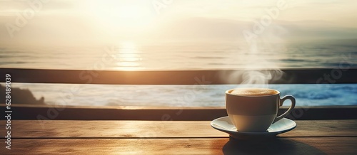 Closeup on freshly hot coffee cup on wooden table. Beach holiday with sea view