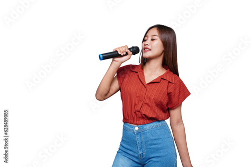 Beautiful Asian Woman Singing and Holding Microphone Eyes Closed