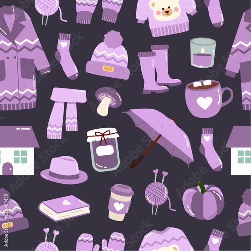 Cartoon seamless pattern with fall cozy cute things in purple colors