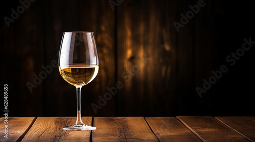 Glass of white wine on a wooden background with copy space