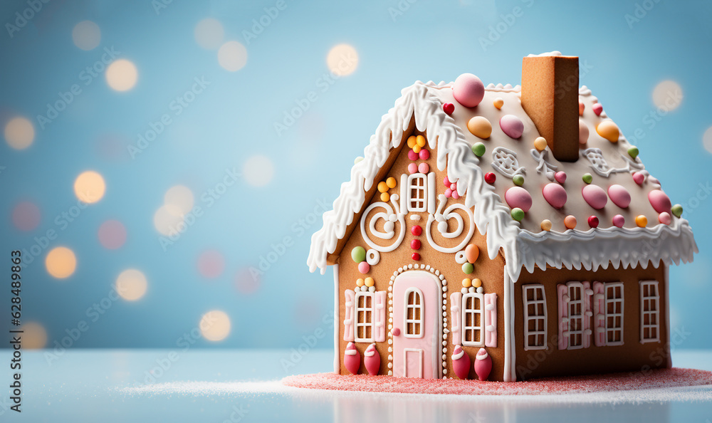 Gingerbread house with glaze with blue magical background and Christmas decorations, with bokeh lights.Merry Christmas Holiday mood concept copy space. Pastel light blue
