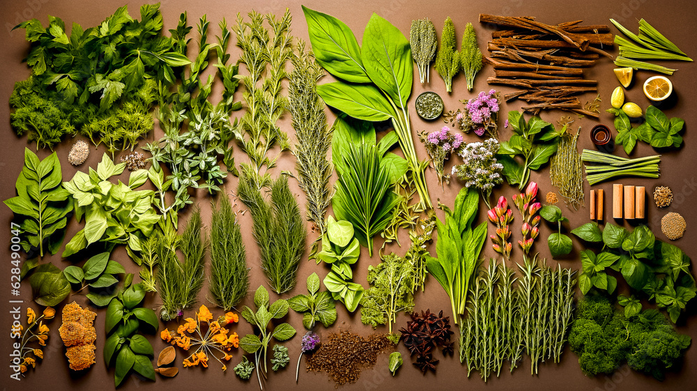 Plantes aromatique disposées sur un fond noir et vues de dessus - Générative ia Plantes aromatique disposées sur un fond noir et vues de dessus - Générative ia