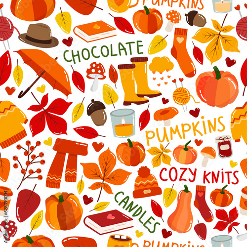 Cartoon seamless pattern with autumn, fall cute things on white background for nursery