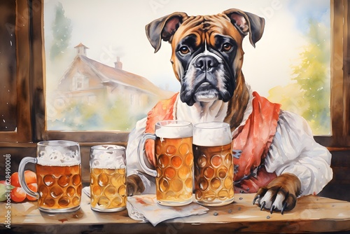 Boxer dog with a glass of beer illustration © Alex Bur