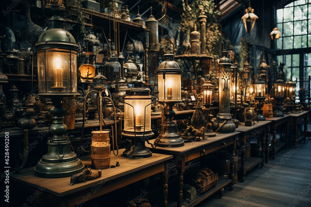 An atmospheric vintage store with vintage lanterns, antique candlesticks, and vintage oil lamps Generative AI