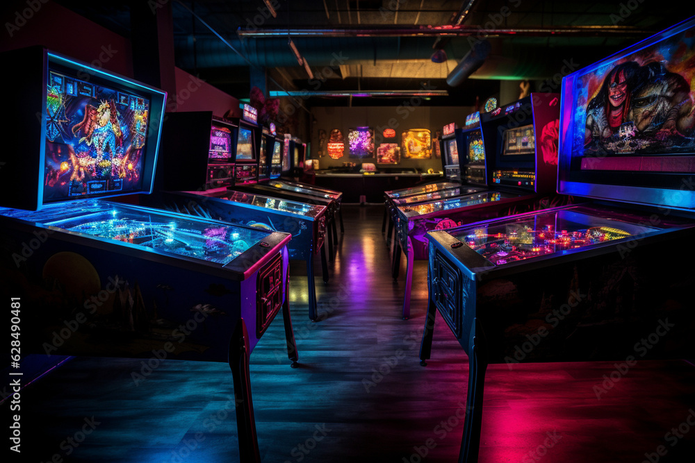 A vintage pinball machine with vintage neon lights and lively sounds for an immersive gaming experience Generative AI