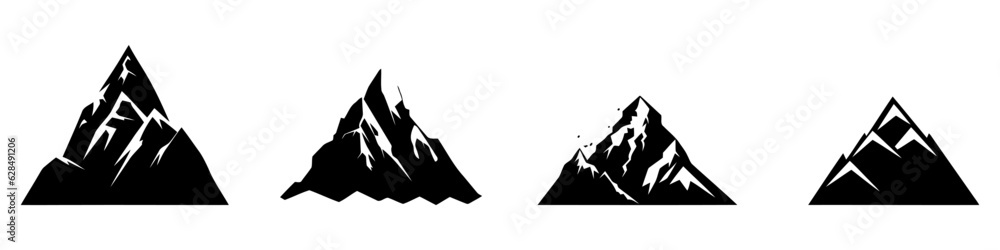 Fototapeta premium Mountain image. Hand drawn rocky peaks in flat style. Set of black icons