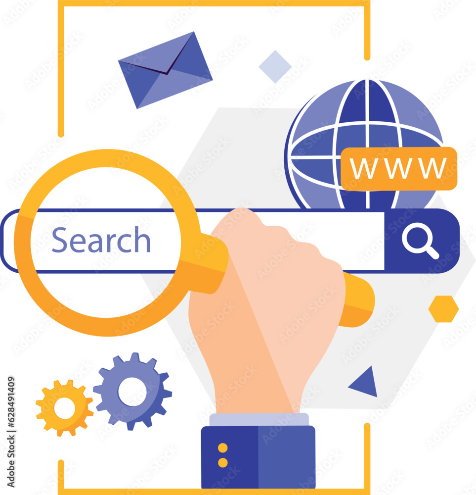 internet search and hand with magnifying glass internet search and hand with magnifying glass