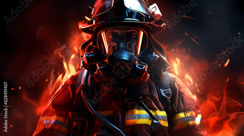 3D illustration of a firefighter in a red uniform