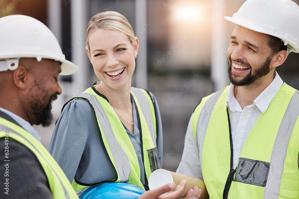 Construction team, communication and laugh with teamwork and builder