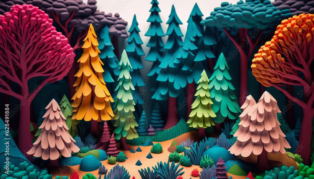 fairy forest background with colorful trees created from plasticine