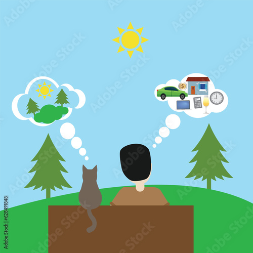 Mindful versus mind full concept, man and cat sitting on a bench in front of a landscape
