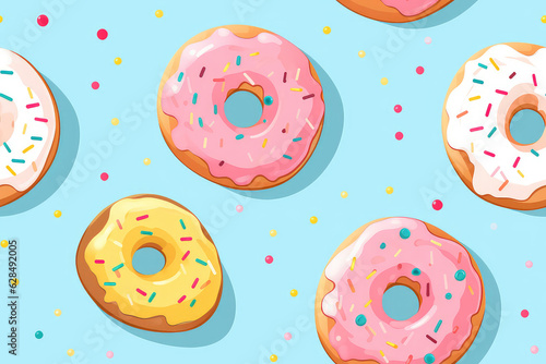 Sweet seamless pattern of lots of donuts in colorful glaze. Pastel delicate light colors, repeat texture of yummy donut with sprinkles and icing. 