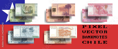 Vector pixelated mosaic set of Chile banknotes. Bills in denominations from 1000 to 20000 Chilean pesos. Flyers or play money.