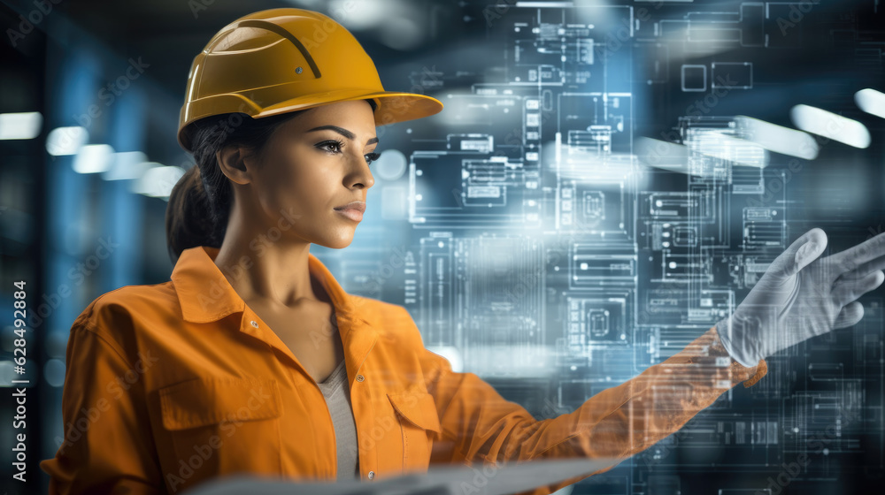 female data scientist expertly using a complex minority report style touch data analytics, Calculate, plan, strategy interface in an modern industrial steel warehouse, full of structural steel female data scientist expertly using a complex minority report style touch data analytics, Calculate, plan, strategy interface in an modern industrial steel warehouse, full of structural steel
