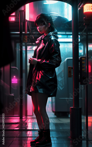 a girl wearing raincoat at night under the rainy sky in a cyber city with neon lights