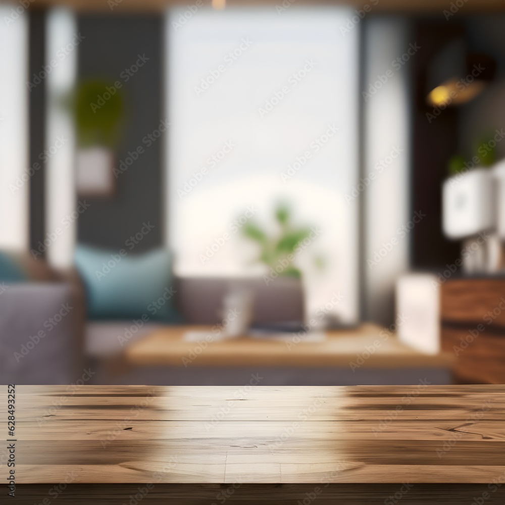 Wood table with blurred modern apartment interior background, Empty wooden tabletop with blurred living room background, ,AI generated