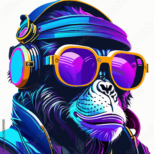 Gorilla with headphones and glasses. Vector illustration for your design