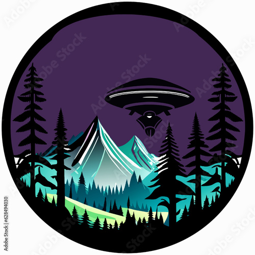 Illustration of a flying saucer in the night forest viewed from the side set inside circle on isolated background done in retro style.