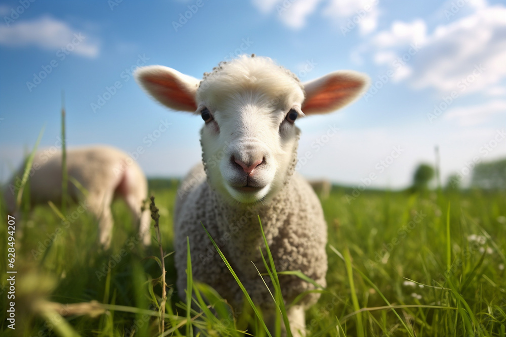 Fototapeta premium wool meadow farm sun green sheep lamb grass animal field. Generative AI.