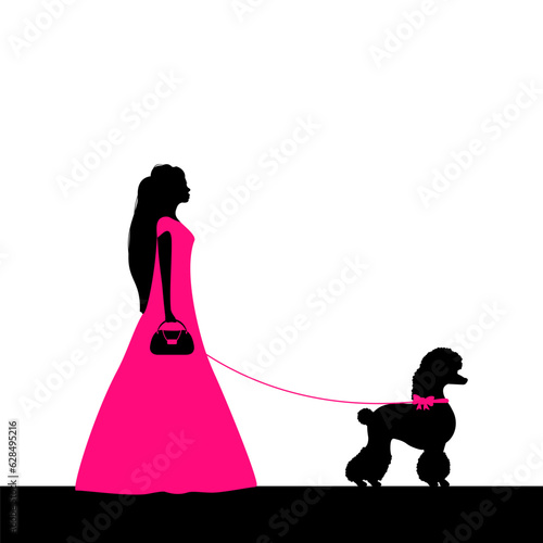Silhouette of a girl with a poodle dog in black and pink.