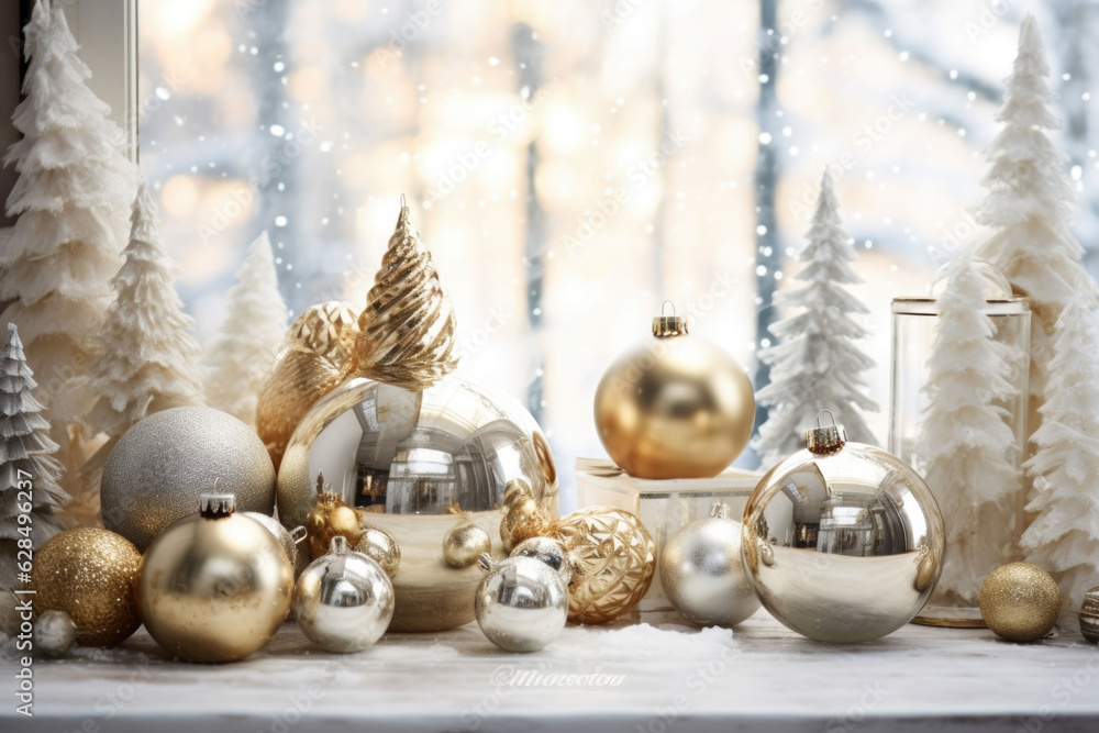 Golden and silver Christmas balls on winter background. Decorations with snow and christmas trees. AI generated