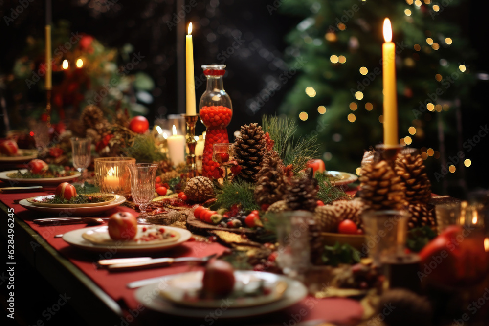 Table served for Christmas dinner. Living room decorated with lights and Christmas tree. AI generated - obrazy, fototapety, plakaty 