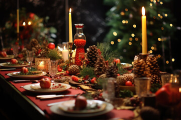 Table served for Christmas dinner. Living room decorated with lights and Christmas tree. AI generated