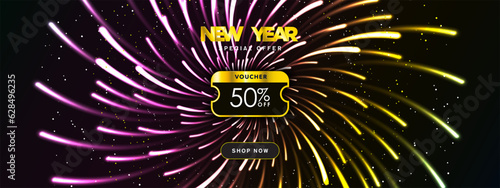 Colorful New Year Special Offer 50% Discount Voucher Template Banner with Shop Now CTA button big fireworks display. New Year Coupon Banner layout. Editable Vector Illustration. EPS 10.