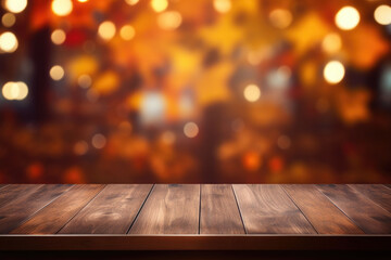 Empty dark wood table top with blurred bright Thanksgiving background. AI generated