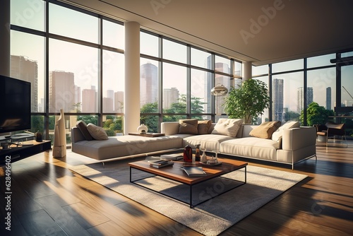 Interior of modern living room with armchair and table. Banner for design   Living room design with empty frame mock-up  two wooden chairs on white wall Generative AI