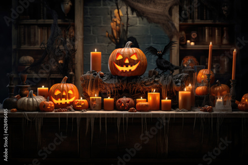 Dark interior of the house decorated for Halloween. Pumpkins, candles, webs and spiders. AI generated