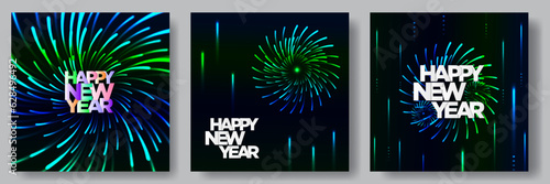 Happy New Years Greeting Card Poster Designs with Colorful Firework Explosions on dark background. Vector Illustration. EPS 10.
