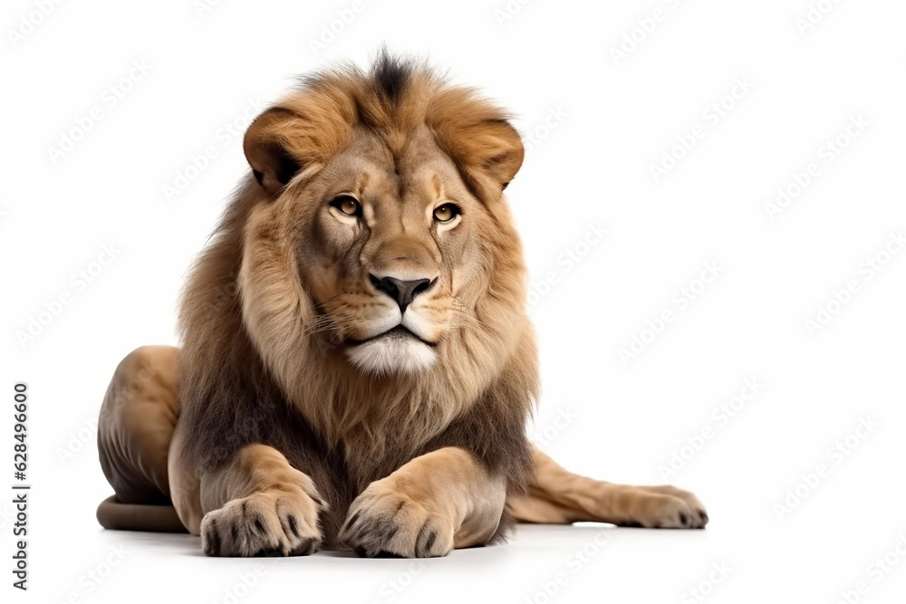 Lion the king of the jungle, setting on the floor. Isolated on white background. Generated AI