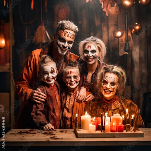 Happy family in Halloween costume enjoying party at home made with generative ai technology
