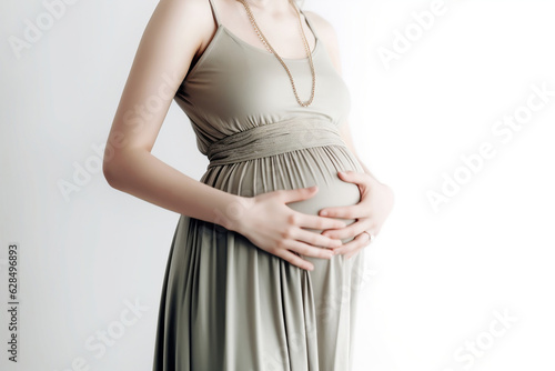 A pregnant girl holds her hands on her stomach, woman has bloating and flatulence. Gas formation in the intestines in pregnant, improper functioning of the gastrointestinal tract. Generated A