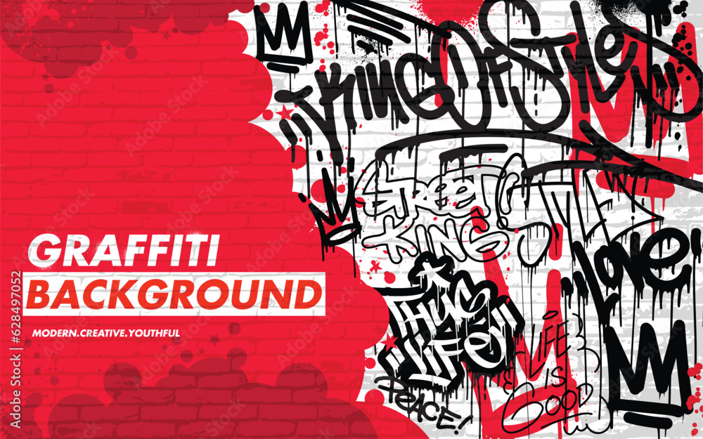 Graffiti background with throw-up and tagging hand-drawn style. Street art graffiti urban theme in vector format.